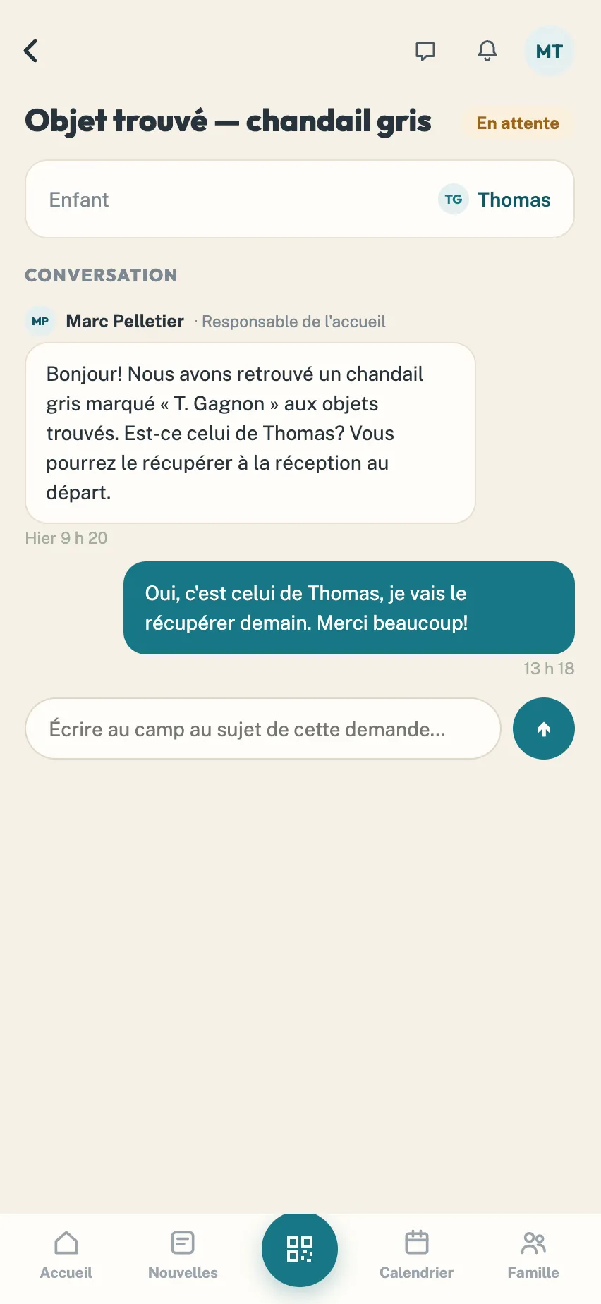 Conversation entre un parent et le camp