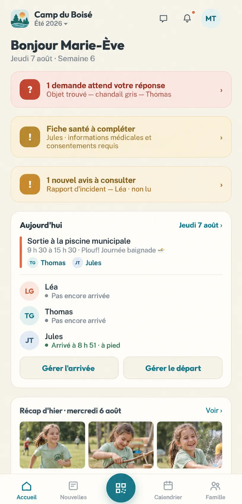 Écran d'accueil de l'application toucamp